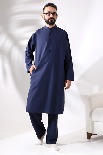 Men's Hajj and Umrah Clothing Double Bottom Top Afghan Suit Navy Blue - 3