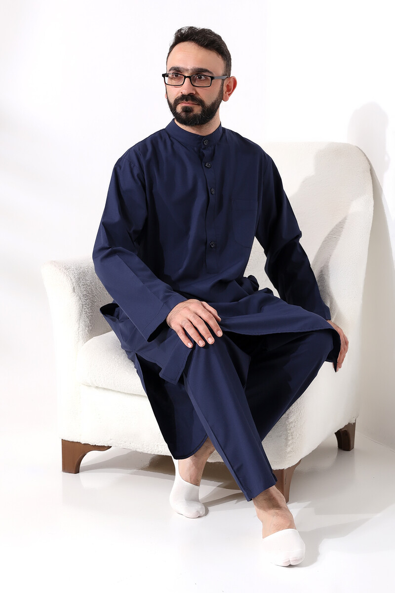 Men's Hajj and Umrah Clothing Double Bottom Top Afghan Suit Navy Blue - 4