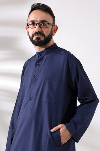 Men's Hajj and Umrah Clothing Double Bottom Top Afghan Suit Navy Blue - 5