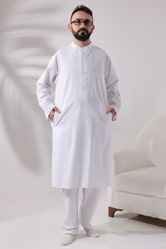 Men's Hajj and Umrah Clothing Double Bottom Top Afghan Suit White - 1