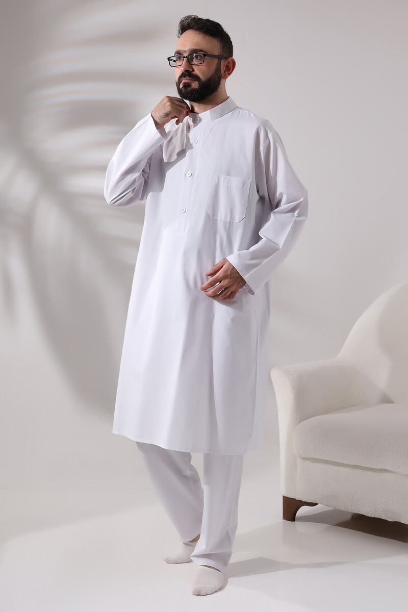 Men's Hajj and Umrah Clothing Double Bottom Top Afghan Suit White - 2