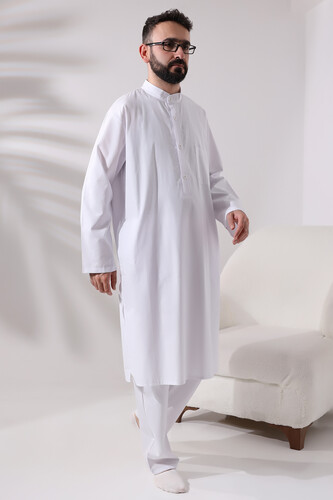 Men's Hajj and Umrah Clothing Double Bottom Top Afghan Suit White - 3