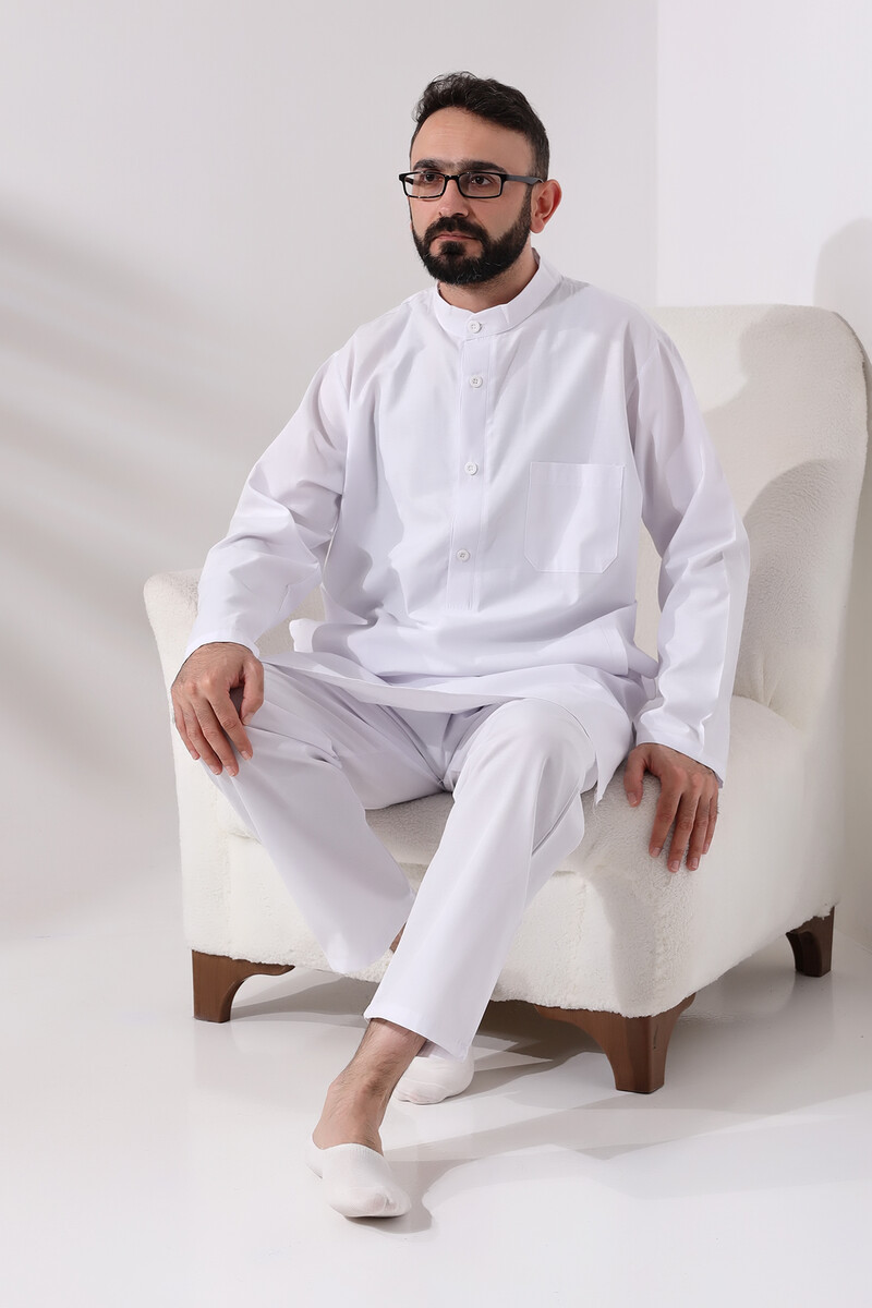 Men's Hajj and Umrah Clothing Double Bottom Top Afghan Suit White - 4