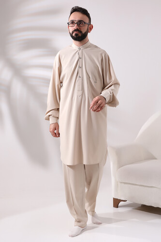 Men's Hajj and Umrah Clothing Double Top Bottom Viscose Afghan Suit Dark Cream - 2