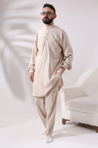 Men's Hajj and Umrah Clothing Double Top Bottom Viscose Afghan Suit Dark Cream - 3