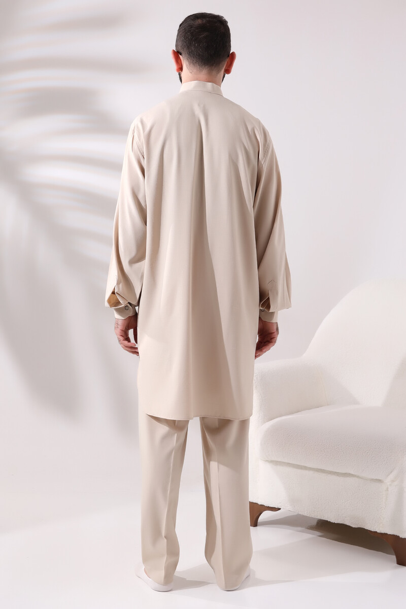 Men's Hajj and Umrah Clothing Double Top Bottom Viscose Afghan Suit Dark Cream - 4