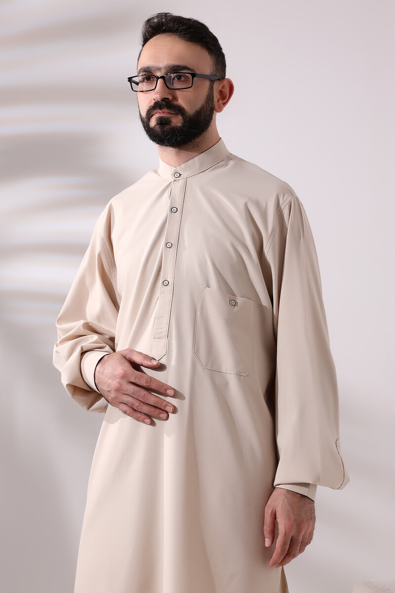 Men's Hajj and Umrah Clothing Double Top Bottom Viscose Afghan Suit Dark Cream - 5