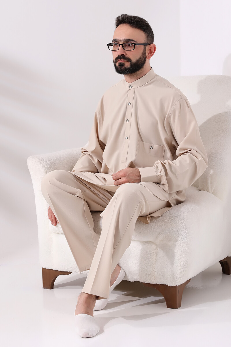 Men's Hajj and Umrah Clothing Double Top Bottom Viscose Afghan Suit Dark Cream - 6