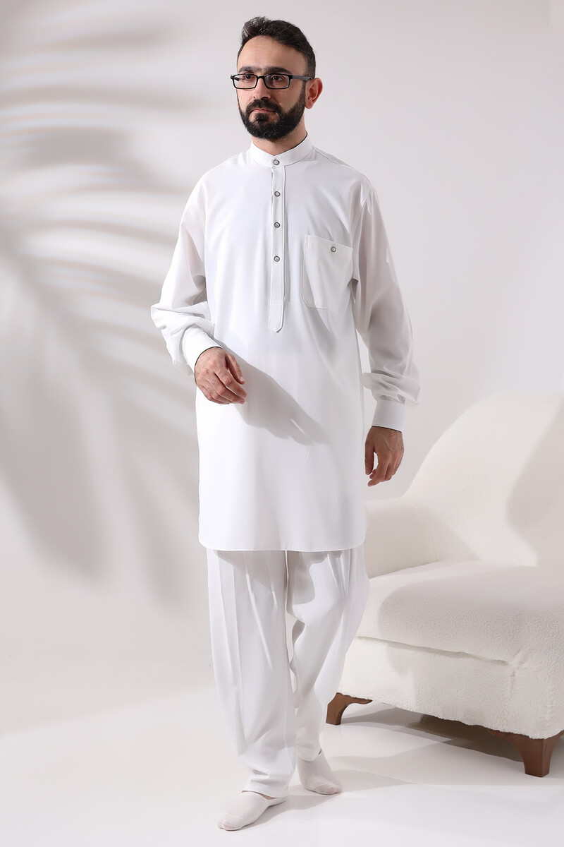 Men's Hajj and Umrah Clothing Double Top Bottom Viscose Afghan Suit Ecru - 1