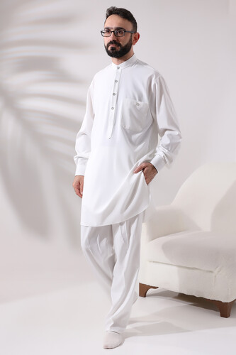 Men's Hajj and Umrah Clothing Double Top Bottom Viscose Afghan Suit Ecru - 2