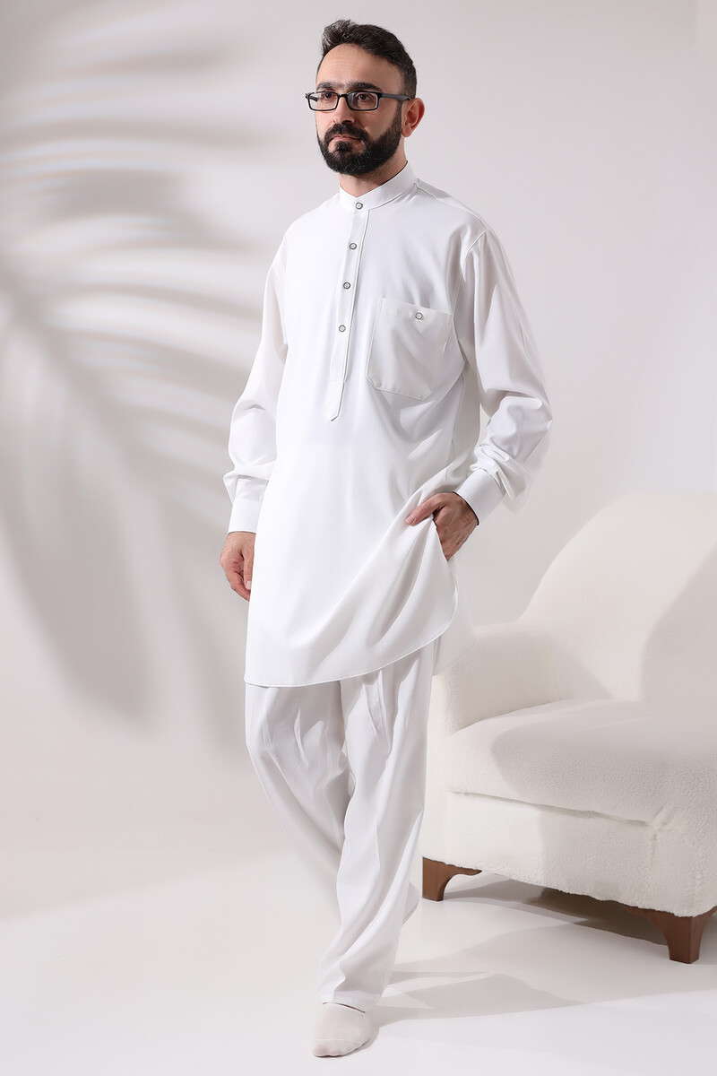 Men's Hajj and Umrah Clothing Double Top Bottom Viscose Afghan Suit Ecru - 2