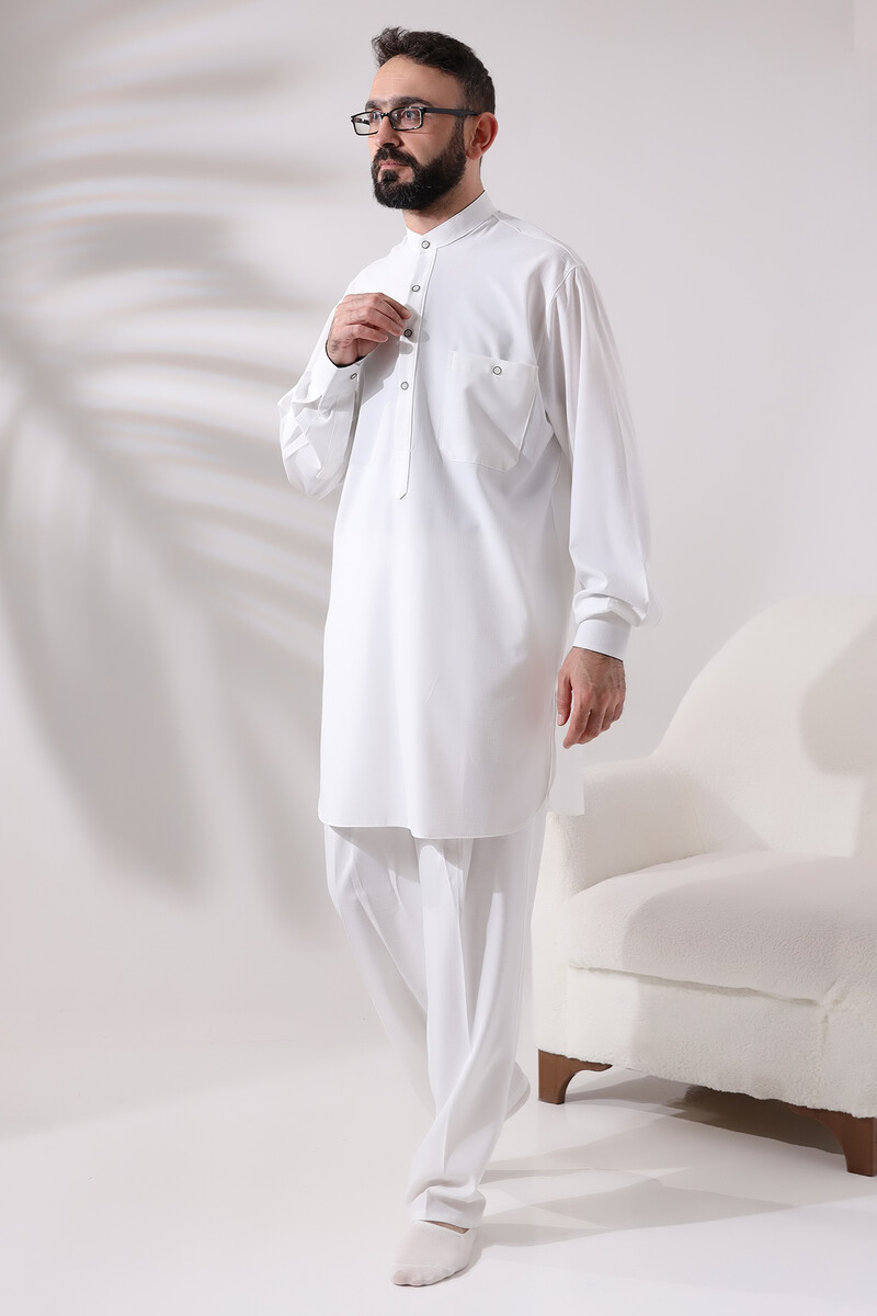 Men's Hajj and Umrah Clothing Double Top Bottom Viscose Afghan Suit Ecru - 3