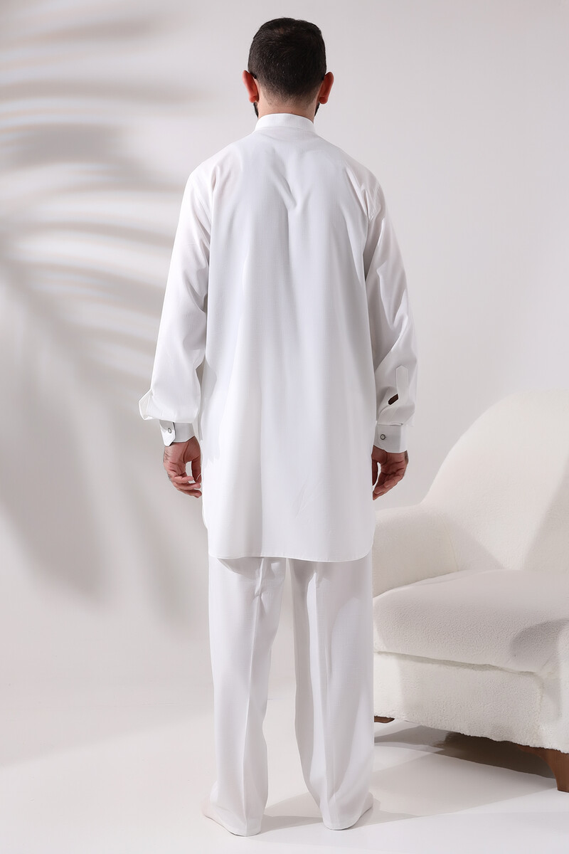 Men's Hajj and Umrah Clothing Double Top Bottom Viscose Afghan Suit Ecru - 4