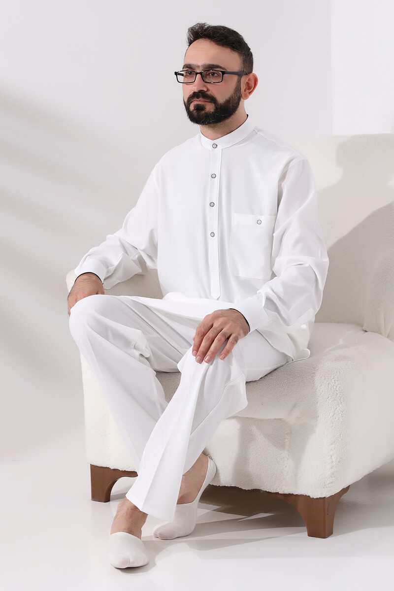 Men's Hajj and Umrah Clothing Double Top Bottom Viscose Afghan Suit Ecru - 5