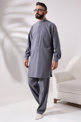 Men's Hajj and Umrah Clothing Double Top Bottom Viscose Afghan Suit Gray - 1