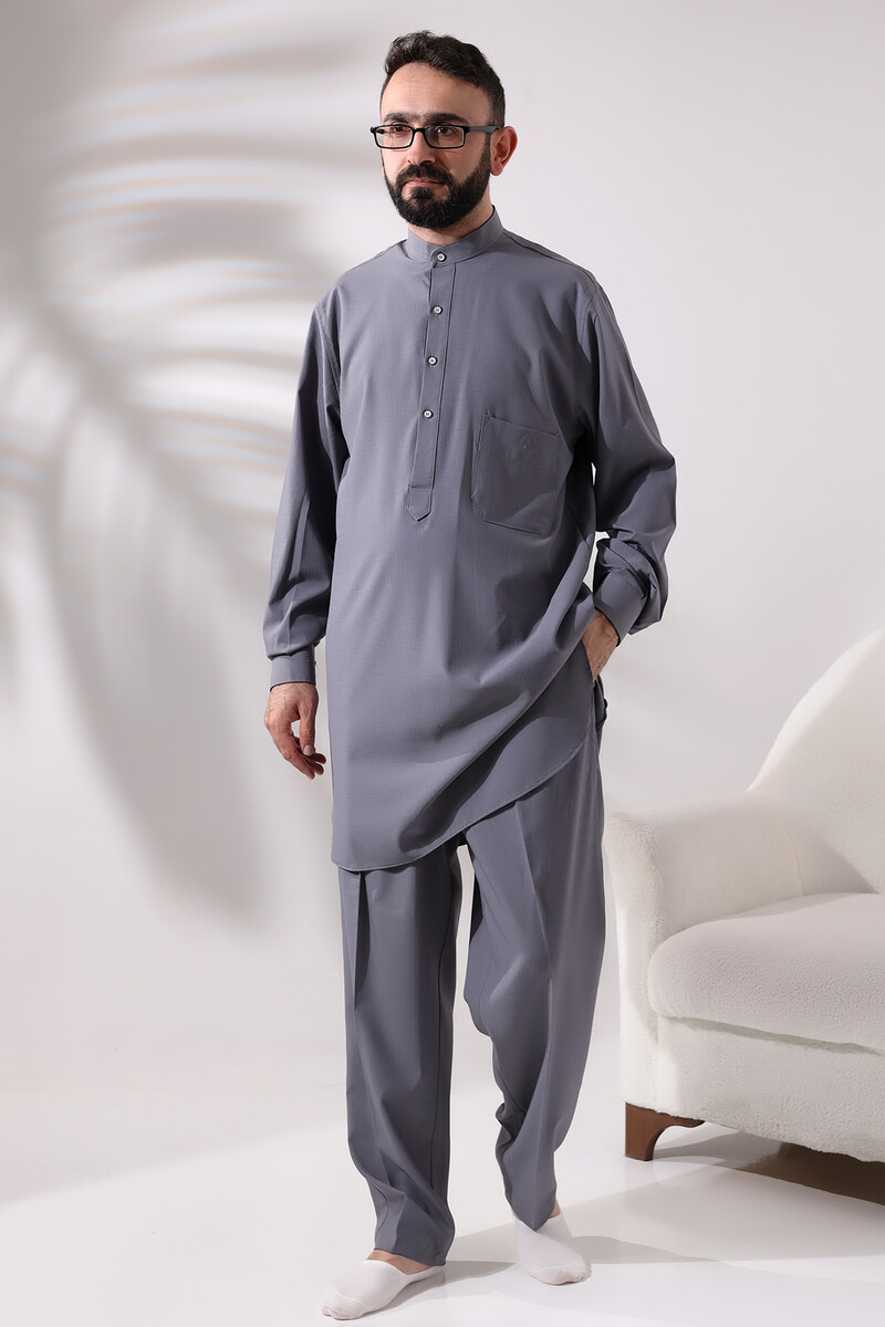 Men's Hajj and Umrah Clothing Double Top Bottom Viscose Afghan Suit Gray - 2