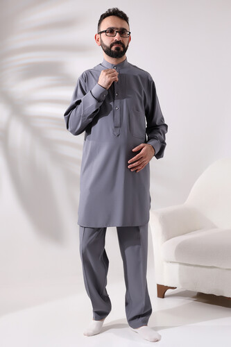 Men's Hajj and Umrah Clothing Double Top Bottom Viscose Afghan Suit Gray - 3