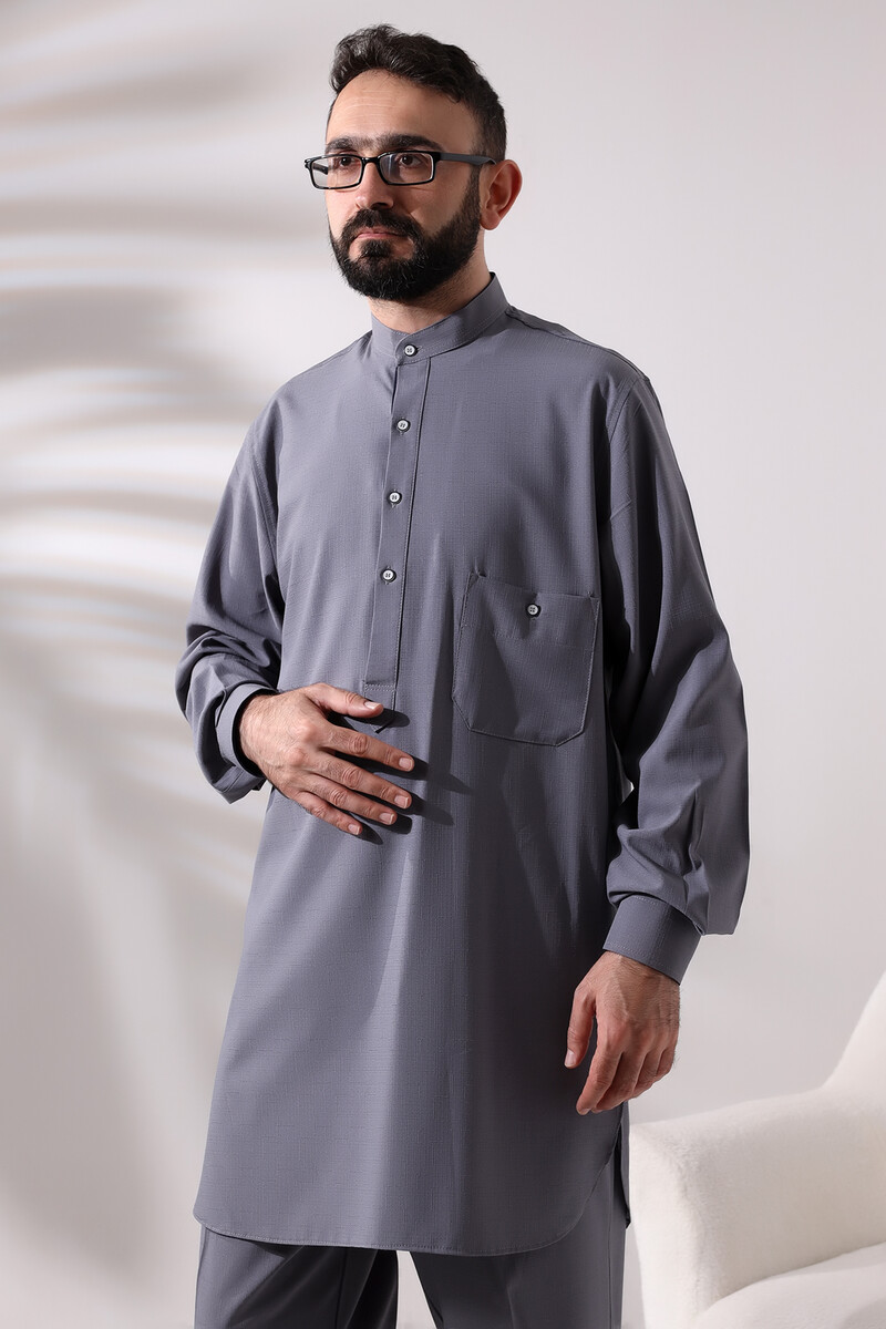 Men's Hajj and Umrah Clothing Double Top Bottom Viscose Afghan Suit Gray - 4