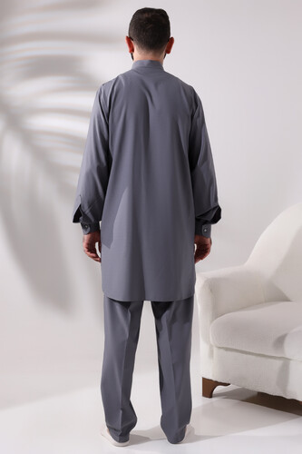 Men's Hajj and Umrah Clothing Double Top Bottom Viscose Afghan Suit Gray - 5