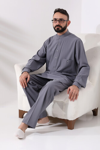 Men's Hajj and Umrah Clothing Double Top Bottom Viscose Afghan Suit Gray - 6