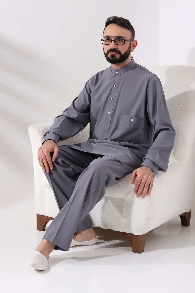 Men's Hajj and Umrah Clothing Double Top Bottom Viscose Afghan Suit Gray - 6