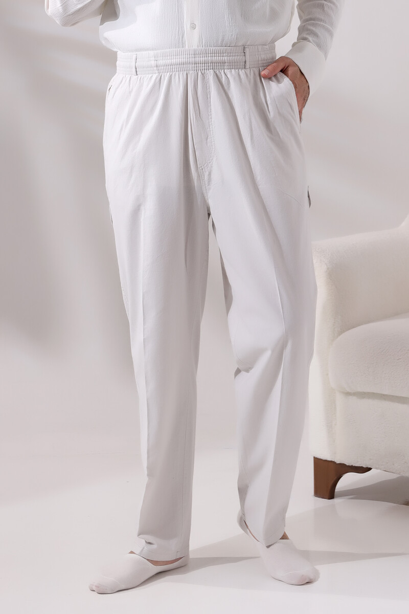 Men's Light Cream Side Pocket Relaxed Cut Elastic Waist Cargo Hajj and Umrah Shalwar Trousers - 1