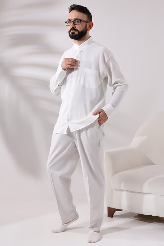 Men's Light Cream Side Pocket Relaxed Cut Elastic Waist Cargo Hajj and Umrah Shalwar Trousers - 2