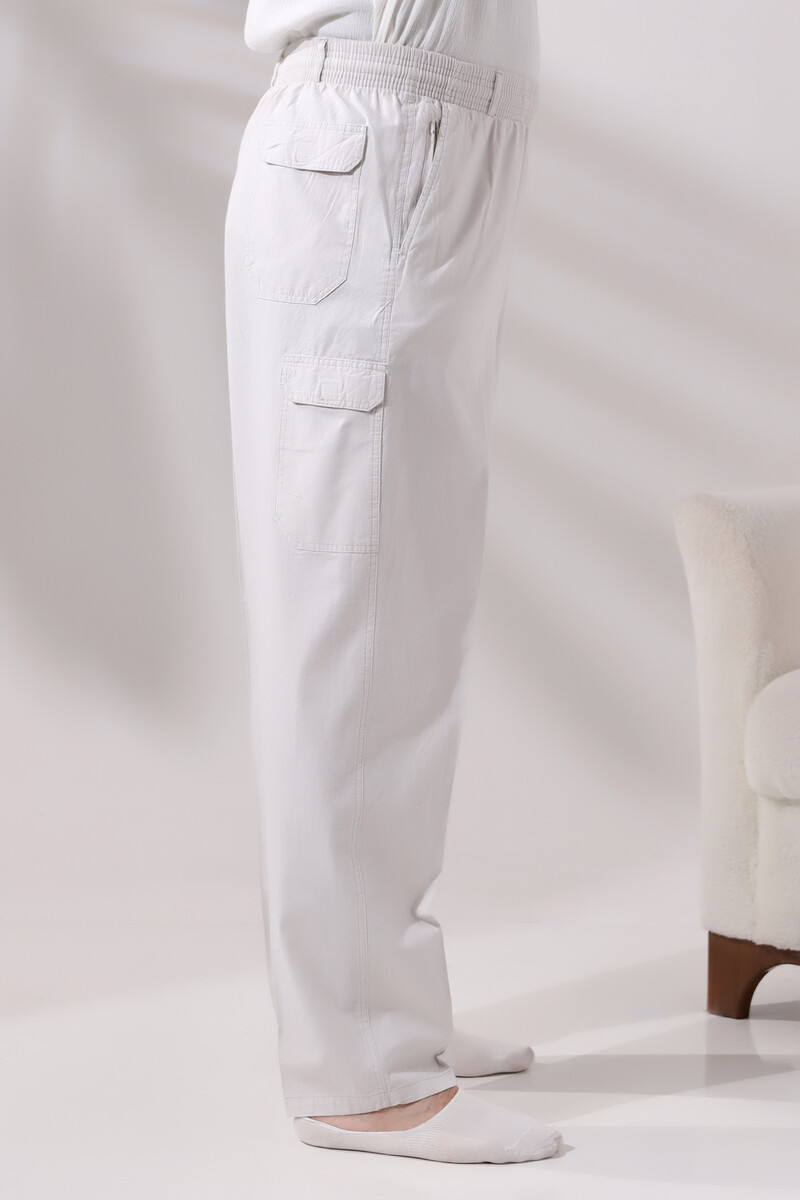 Men's Light Cream Side Pocket Relaxed Cut Elastic Waist Cargo Hajj and Umrah Shalwar Trousers - 3