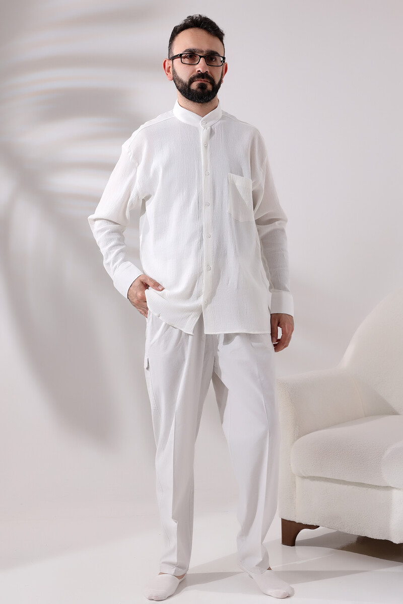 Men's Light Cream Side Pocket Relaxed Cut Elastic Waist Cargo Hajj and Umrah Shalwar Trousers - 8