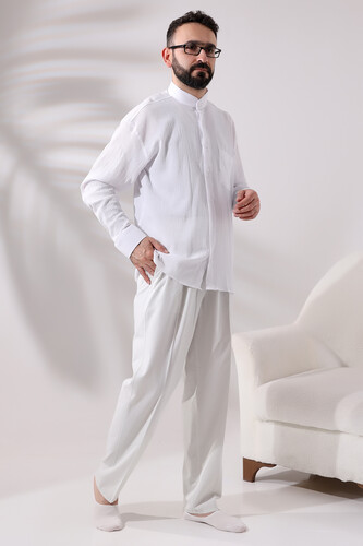 Men's Light Gray Relaxed Cut Linen Hajj and Umrah Shalwar Trousers with Elastic Waist - 2