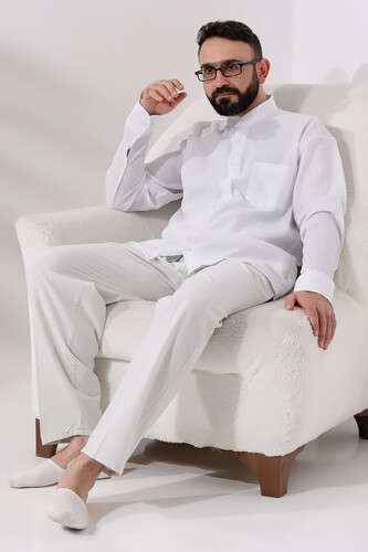 Men's Light Gray Relaxed Cut Linen Hajj and Umrah Shalwar Trousers with Elastic Waist - 8