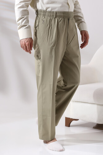 Men's Light Khaki Side Pocket Relaxed Cut Cargo Shalwar Trousers with Elastic Waist - 2