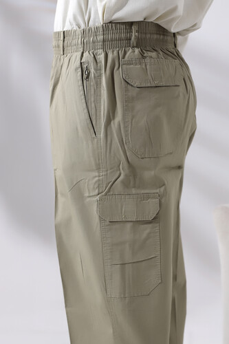 Men's Light Khaki Side Pocket Relaxed Cut Cargo Shalwar Trousers with Elastic Waist - 3