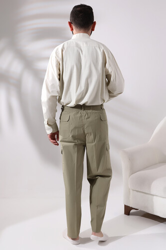 Men's Light Khaki Side Pocket Relaxed Cut Cargo Shalwar Trousers with Elastic Waist - 6