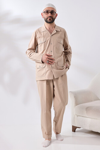 Men's Linen 4 Pocket Double Safari Suit Hajj Umrah Clothing Beige - 1