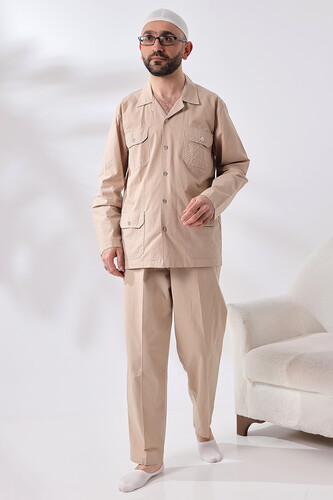 Men's Linen 4 Pocket Double Safari Suit Hajj Umrah Clothing Beige - 2