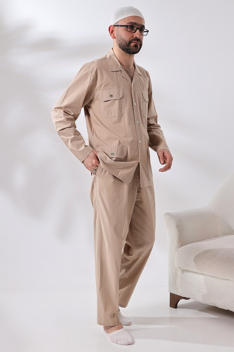 Men's Linen 4 Pocket Double Safari Suit Hajj Umrah Clothing Beige - 3