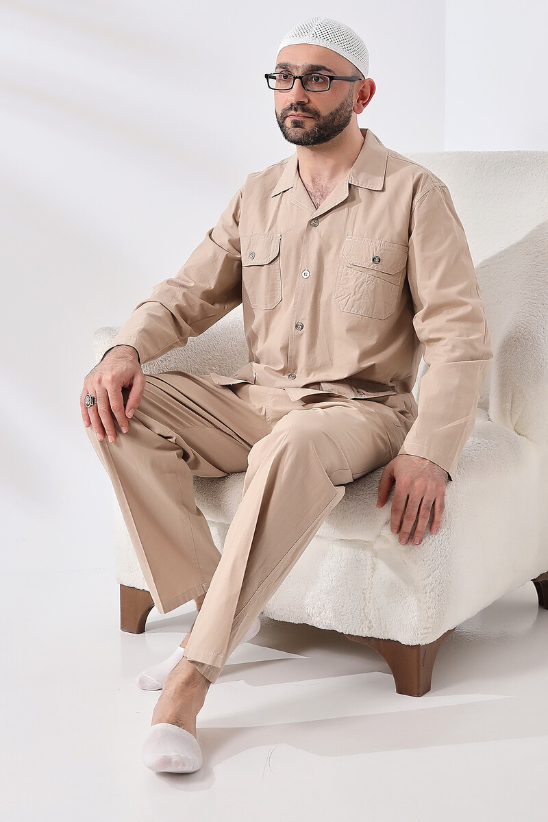 Men's Linen 4 Pocket Double Safari Suit Hajj Umrah Clothing Beige - 6