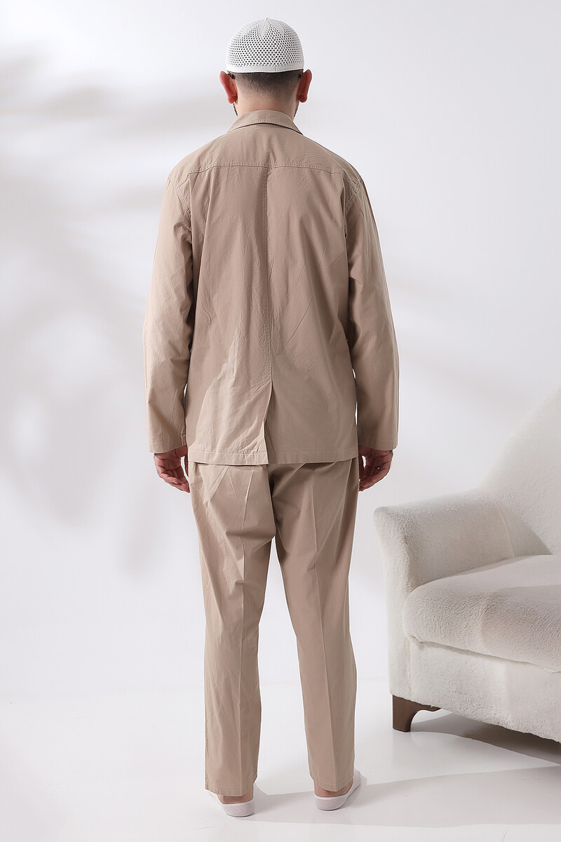 Men's Linen 4 Pocket Double Safari Suit Hajj Umrah Clothing Beige - 7