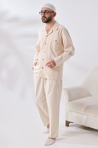 Men's Linen 4 Pocket Double Safari Suit Hajj Umrah Clothing Cream - 3