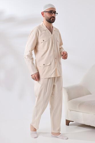 Men's Linen 4 Pocket Double Safari Suit Hajj Umrah Clothing Cream - 4