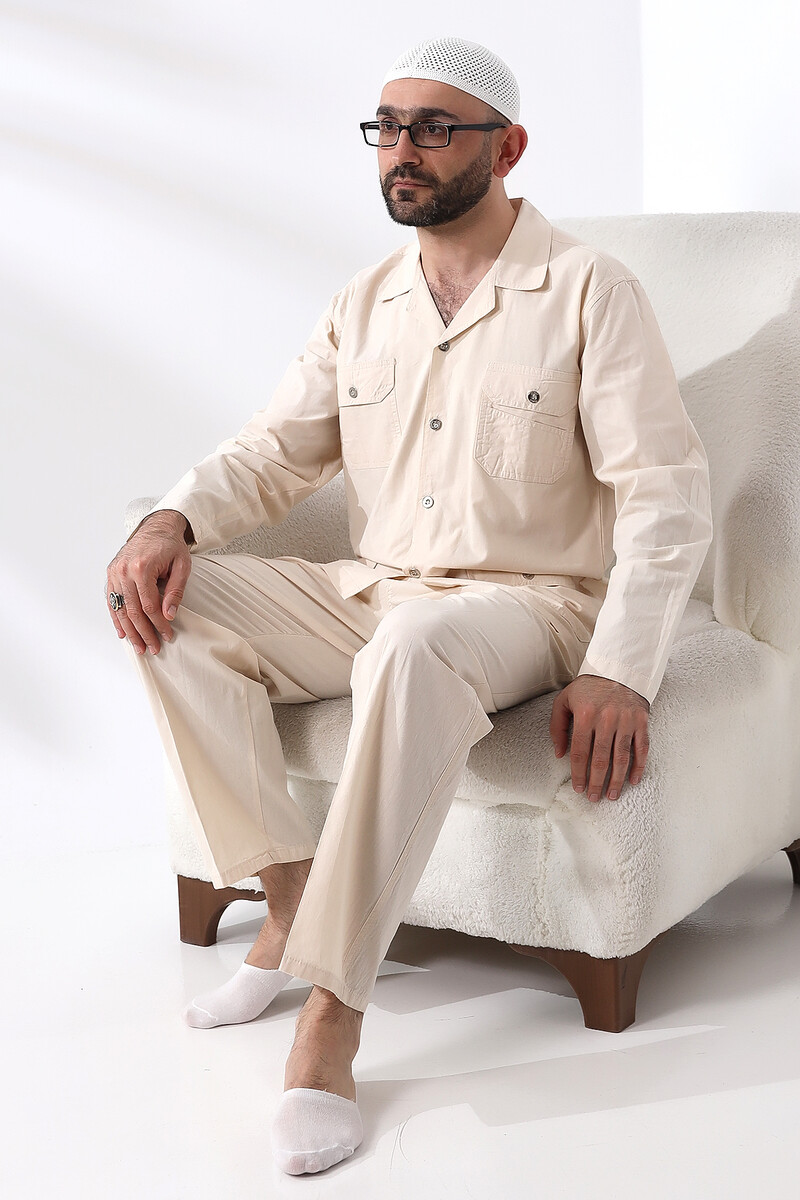 Men's Linen 4 Pocket Double Safari Suit Hajj Umrah Clothing Cream - 6