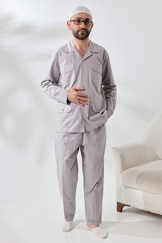 Men's Linen 4 Pocket Double Safari Suit Hajj Umrah Clothing Gray - 1