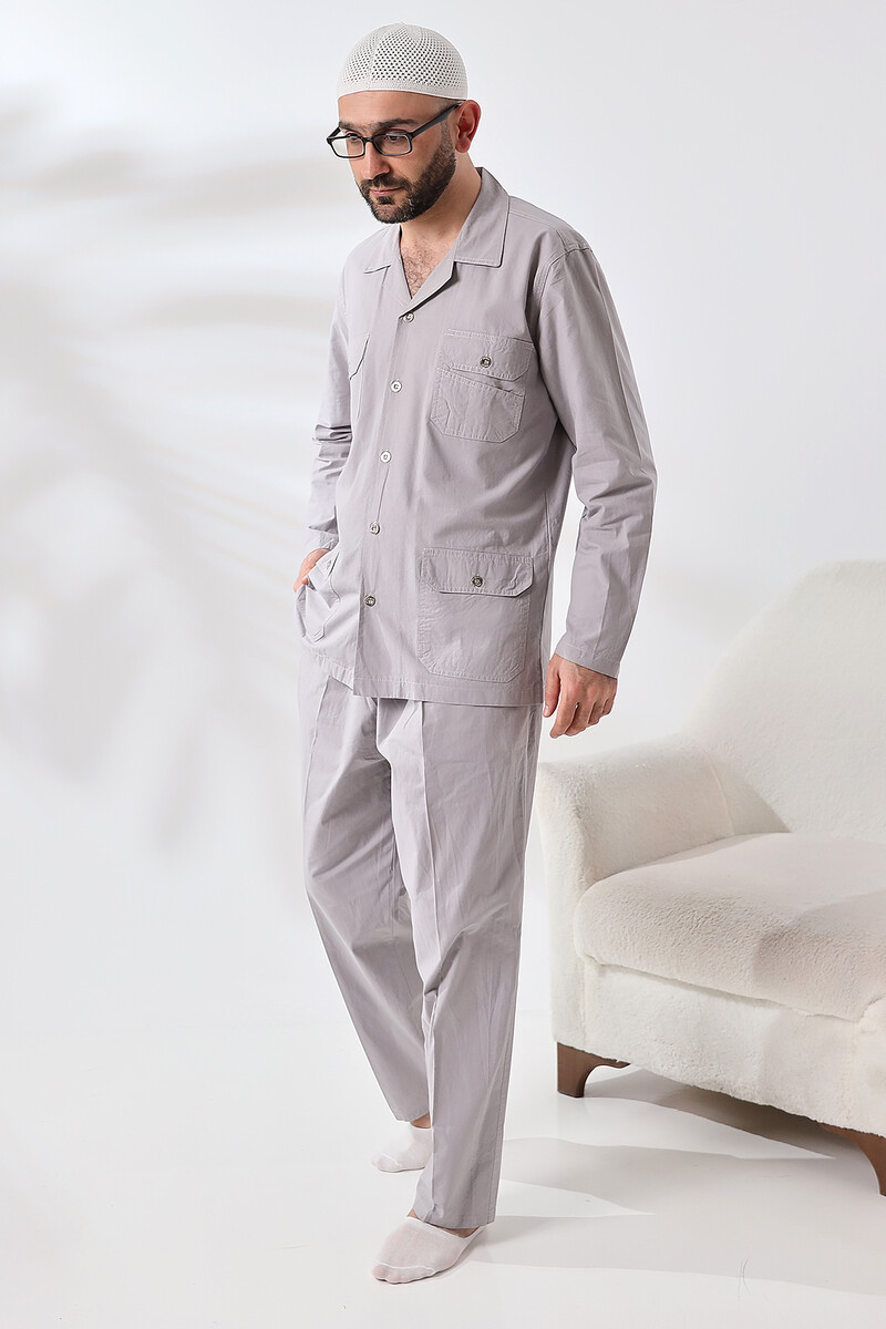 Men's Linen 4 Pocket Double Safari Suit Hajj Umrah Clothing Gray - 2