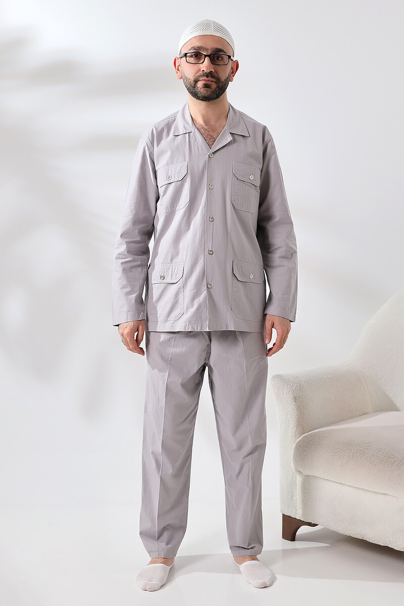 Men's Linen 4 Pocket Double Safari Suit Hajj Umrah Clothing Gray - 3