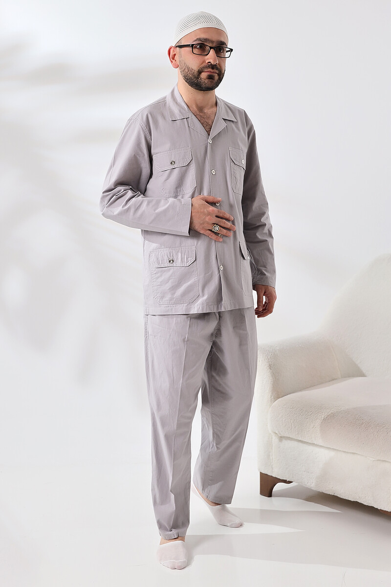 Men's Linen 4 Pocket Double Safari Suit Hajj Umrah Clothing Gray - 4