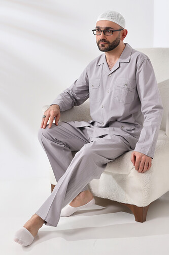 Men's Linen 4 Pocket Double Safari Suit Hajj Umrah Clothing Gray - 7