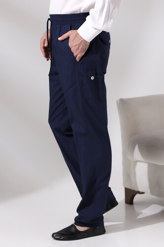 Men's Navy Blue Çınar Beach Side Pocket Casual Cut Elastic Waist Cargo Shalwar Trousers - 1