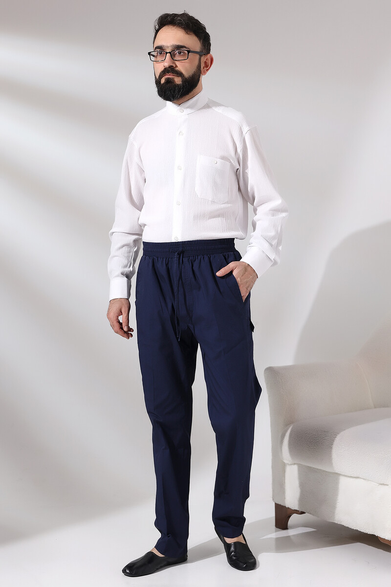 Men's Navy Blue Çınar Beach Side Pocket Casual Cut Elastic Waist Cargo Shalwar Trousers - 7