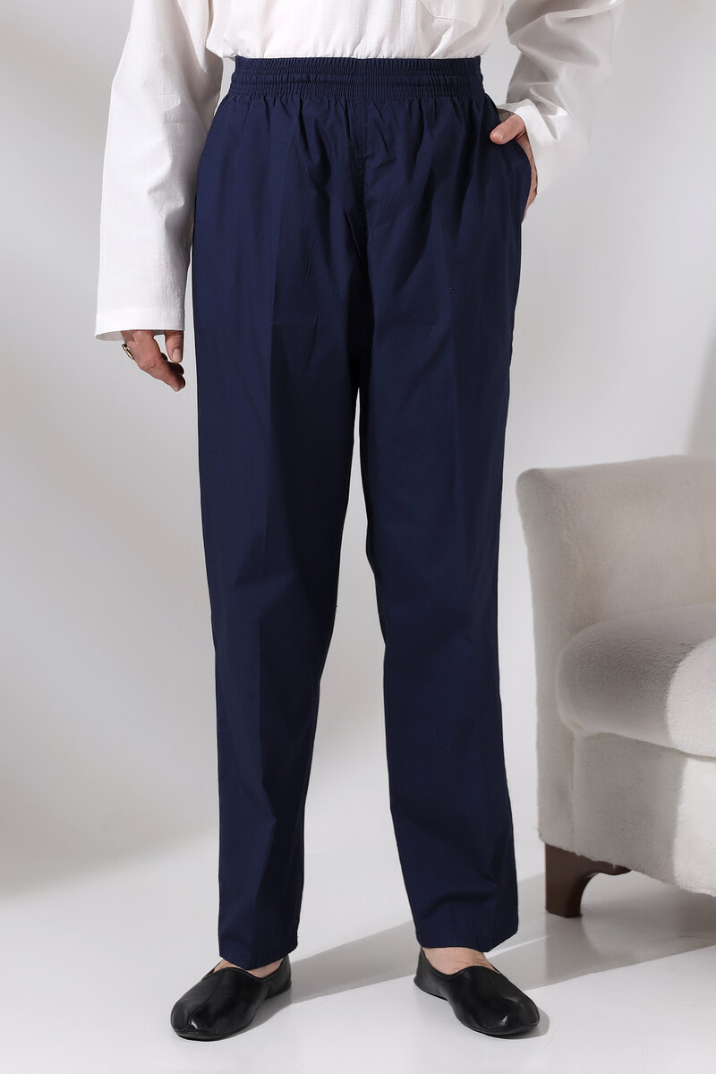 Men's Navy Blue Çınar Casual Cut Elastic Waist Hajj and Umrah Linen Shalwar Trousers - 1